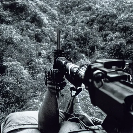 Prompt: film still, extreme far view, kim kardashian, jungle, vietnam door gunner, apocalypse now, associated press, 2 6 mm, kodak ektachrome, blue tint expired film