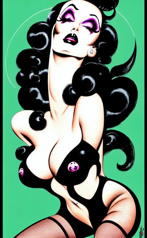 Prompt: looking up at a goth girl with a detailed face and black hair, burlesque psychobilly, rockabilly, punk, white background, vector art, illustration by frank frazetta