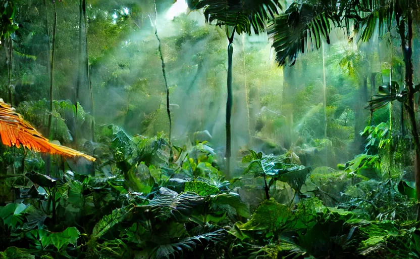 Prompt: a beautiful render of a prehistoric rainforest, lush flora, insects flying around, dark green, orange, intricate detail, god rays, hazy, humid, volumetric lighting, 8 k, photorealistic, raytracing effects, unreal engine 5