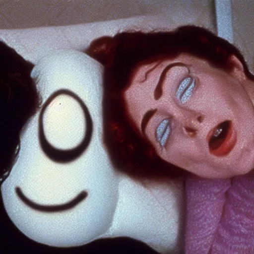 Prompt: still from a 1993 arthouse film about a depressed housewife dressed as a squishy inflatable smiley who meets a handsome younger man in a seedy motel room, color film, 16mm soft light, weird art on the wall