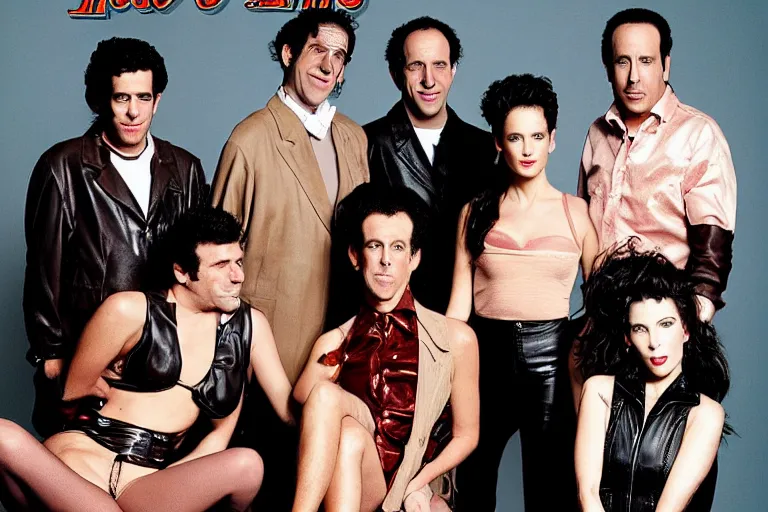 Prompt: a high fashion photograph of the cast of seinfeld wearing leather, rolling stone magazine, fashion photography.