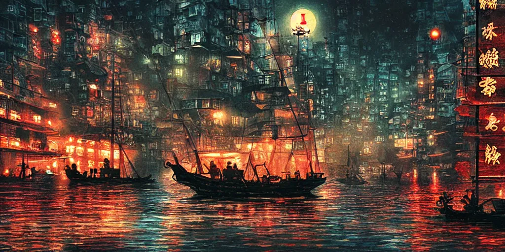 Image similar to cruiser sailing on flooded miniature kowloon city at night, raining, art by yoshitaka amano, and artgerm, pixel art