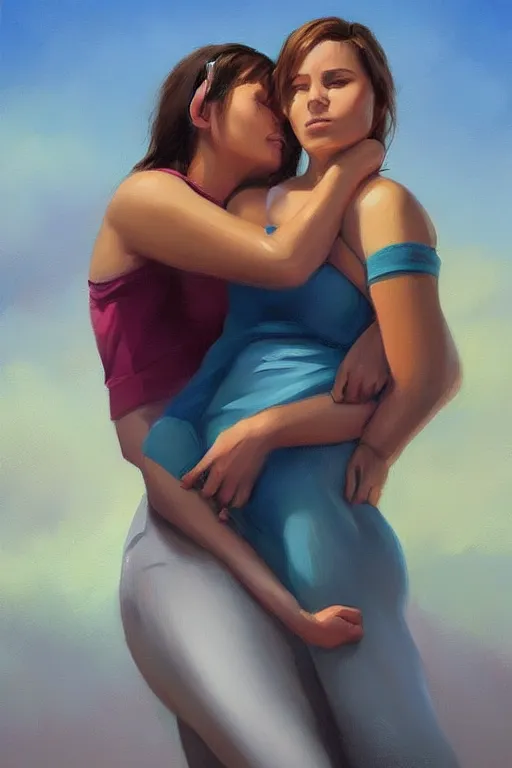 Image similar to a painting of a woman holding another woman, a digital painting by RHADS, trending on cgsociety, figurative art, digital painting, speedpainting, soft mist