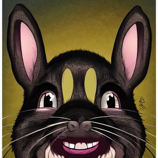 Image similar to A extremely highly detailed majestic hi-res beautiful, highly detailed head and shoulders portrait of a scary terrifying, horrifying, creepy black cartoon rabbit with scary big eyes, earing a shirt laughing, hey buddy, let's be friends, in the style of Walt Disney animation