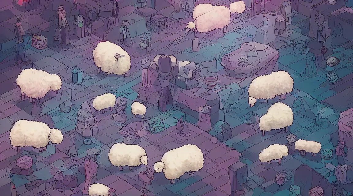 Image similar to do the androids dreams with electric sheeps, digital art, illustration style