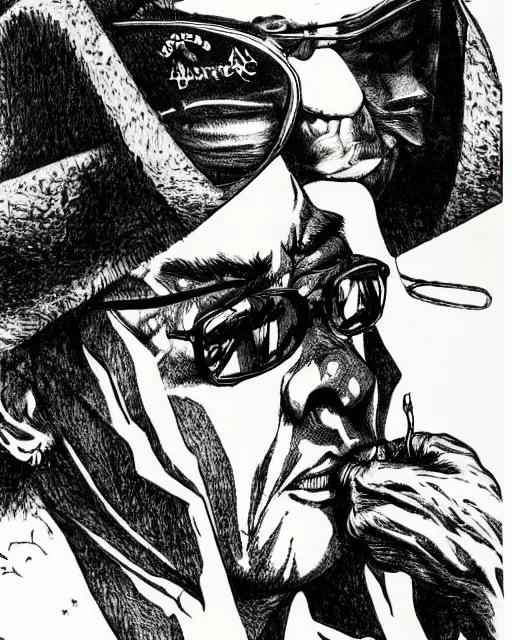 Prompt: Hunter S Thompson drawn by Kentaro Miura, extremely high detail, manga