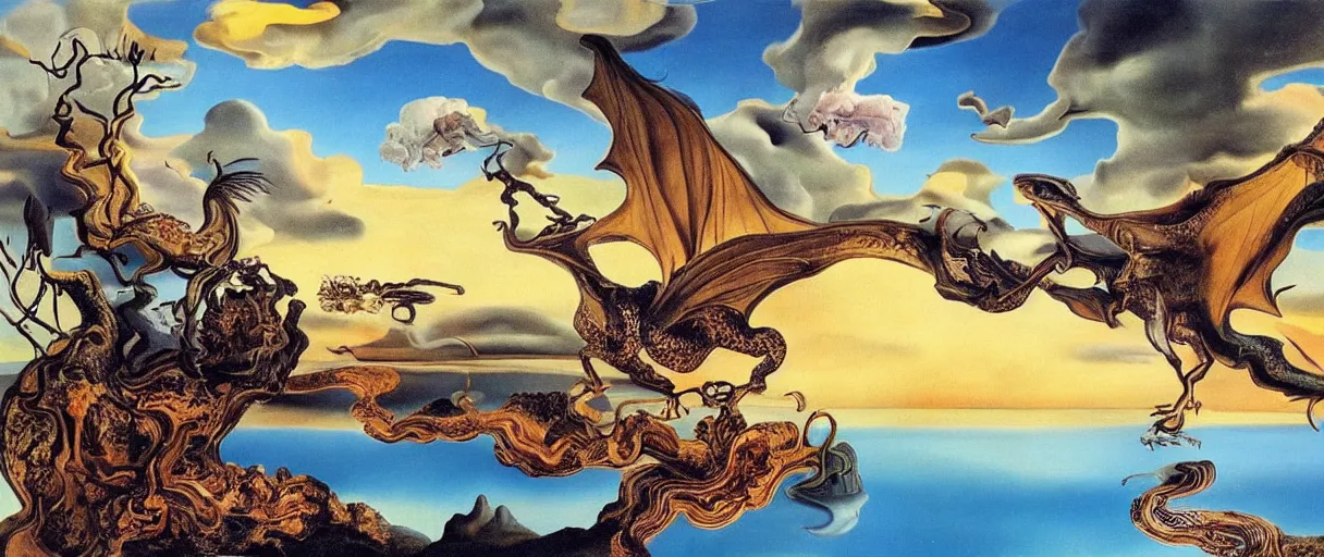 Image similar to a dream, flying bird, dragon, time, trees, flower, lake, fire, cloud, wind, cliff, surreal, by salvador dali