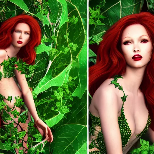 Image similar to poison ivy modeling for vogue magazine, starlet, adorable, beautiful, shiny, octane render, 8k, hyper realistic,