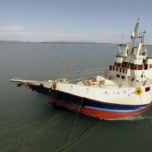 Prompt: realistic aerial drone shot of British fishing trawler