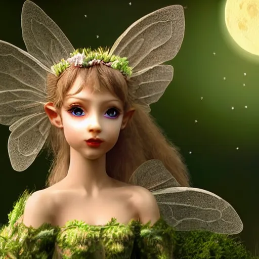 Prompt: The most realistic looking fairy looking into the camera close up shot extremely detailed award winning photo full moon behind