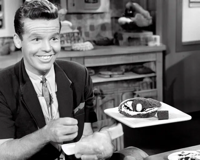 Prompt: Wally Cleaver eating a Choco Taco on Leave It To Beaver, black and white television still