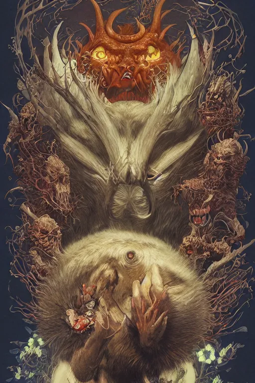 Image similar to a cover of japanese magazine about devil animal creatures bio with a banner and logo on it by illustrated by miyazaki by karol bak, james jean, tom bagshaw, rococo, sharp focus, trending on artstation, cinematic lighting, hyper realism, octane render, 8 k, hyper detailed, vivid, ultra detailed, highly detailed