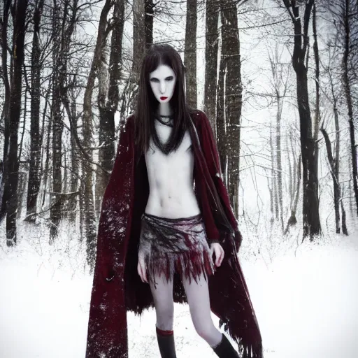 Image similar to blood soaked skinwalker, lanky, skinny, pale skin, snow, forest, dark, horrifying