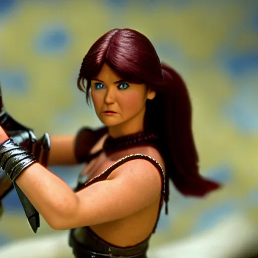 Image similar to a cinematic film still of a claymation stop motion film starring young lucy lawless as xena warrior princess, brunette hair, shallow depth of field, 8 0 mm, f 1. 8