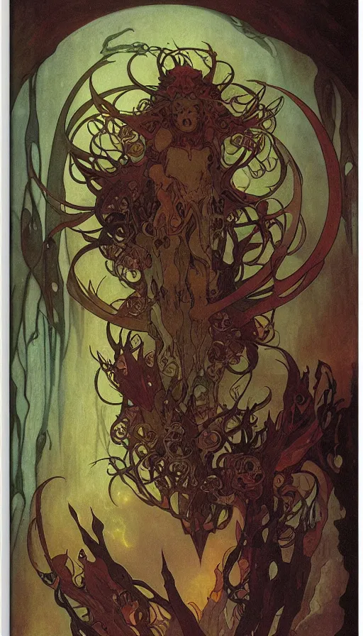 Prompt: a storm vortex made of many demonic eyes and teeth, by alfons maria mucha