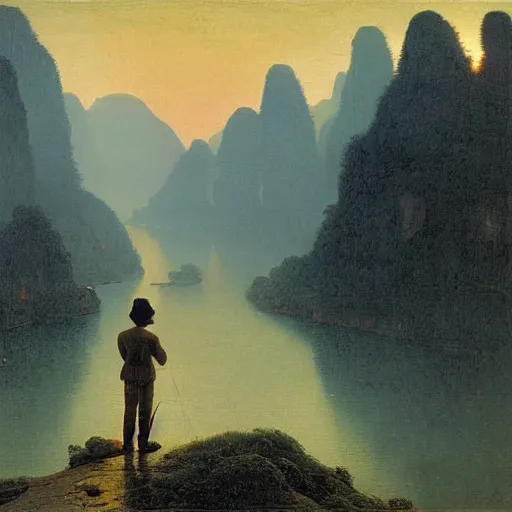 Image similar to a young man in guilin, by caspar david friedrich, mist, sunrise