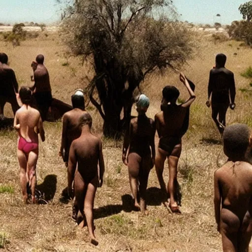 Prompt: secret photos of a cult in central australia. everyone must not wear pants, only tops, all their hair is shaved off but bears are aloud. you must carry a vegetable at all times. very creepy photos of this strange cult in the year 1 9 9 7