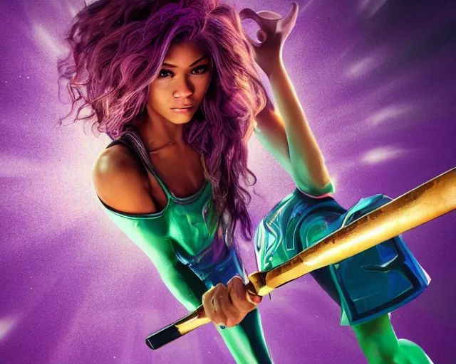 Image similar to Zendaya in heroic pose with weapon, cinematic, 4k, hyper realistic, super detailed, colorful accents, purple hair, golden ratio, symmetrical face, highly detailed professional photo, centered, rim lights, vray caustics, hyper realistic