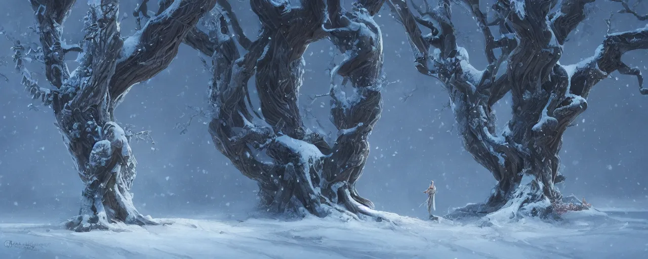 Prompt: a painting of a person standing in front of a tree in the snow, stunning intricate concept art by senior environment artist, cgsociety, fantasy art, matte painting, storybook illustration