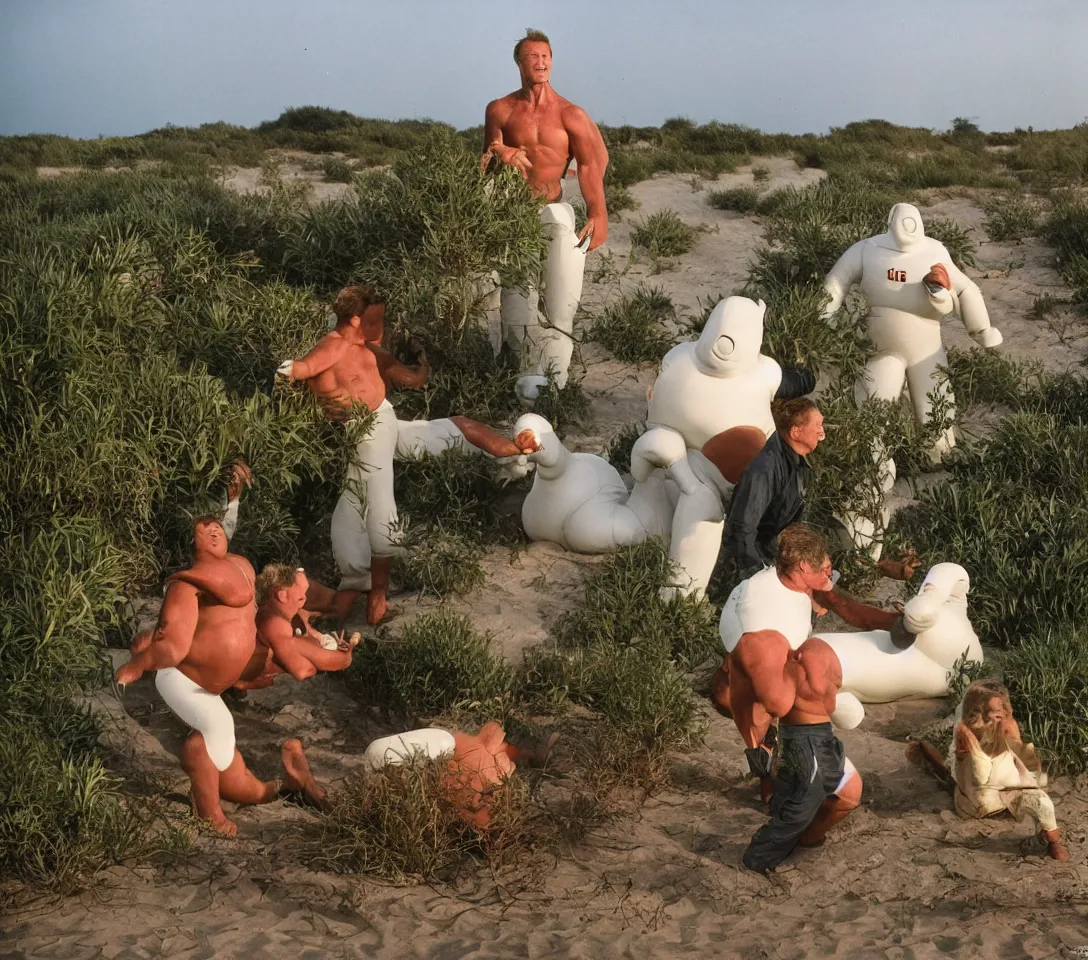 Image similar to a 3 5 mm photography, kodachrome colour of clint eastwood fighting with white michelin man costume, hippos and alien plants around, beach and sunset backlight, photos taken by martin parr with strong flash on camera