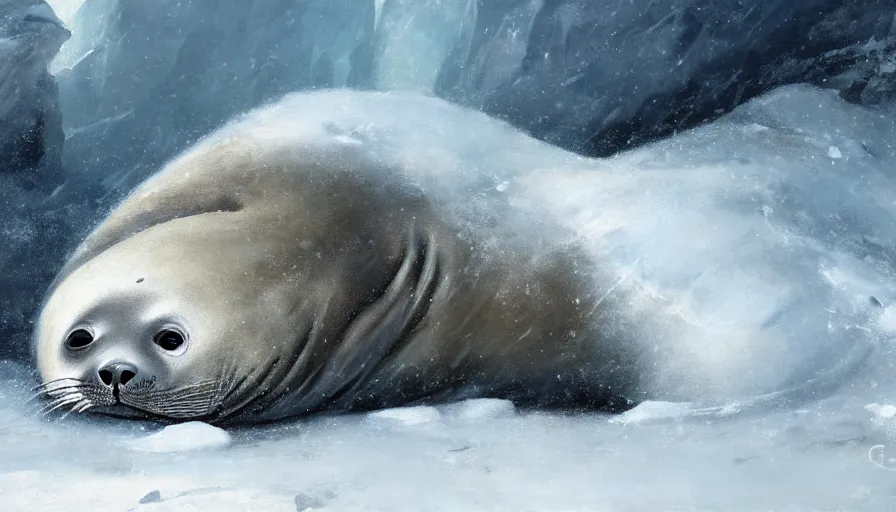 Prompt: highly detailed closeup painting of one big seal looking after lots of cute furry white baby seals inside a snowy fantasy ice crystal cavern by william turner, by greg rutkowski, by william constable, thick brush strokes and visible paint layers, 4 k resolution