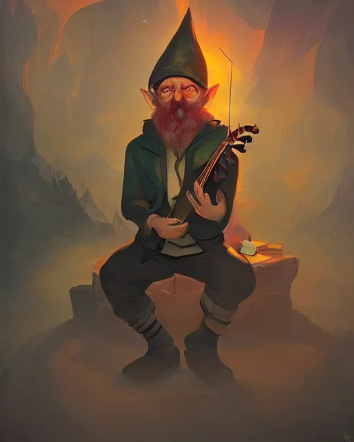 Prompt: male gnome spy, fantasy portrait, playing a magical mandolin, shadowy figure by peter mohrbacher, artstation