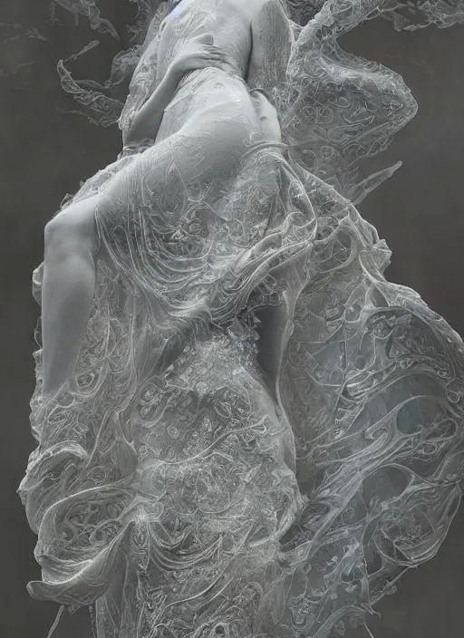 Prompt: opalescent marble sculpture of beautiful woman dissolving into shimmering dust, diaphanous, ivory carving, pearlescent, caustics, fractal paisley inlay, lace, intricate, elegant, highly detailed, digital photography, by ruan jia and greg rutkowski