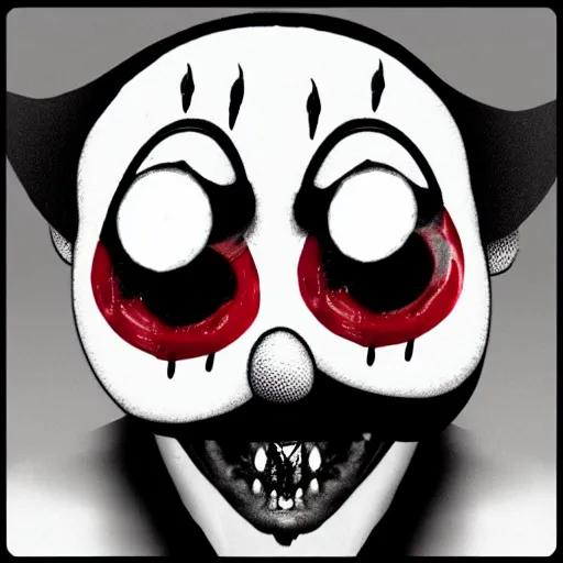 Image similar to distorted clown with bloody eyeballs, scary stories to tell at night