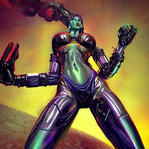 Image similar to “realistic picture of a woman goddess matrix cyberpunk alien divine deity in the style of Peter Andrew Jones”