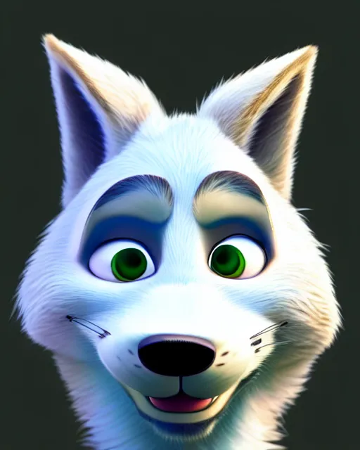 Prompt: portrait of cute anthropomorph white wolf in the style of zootopia, volumetric light, artstation, concept art, 8 k, high detail, perfect