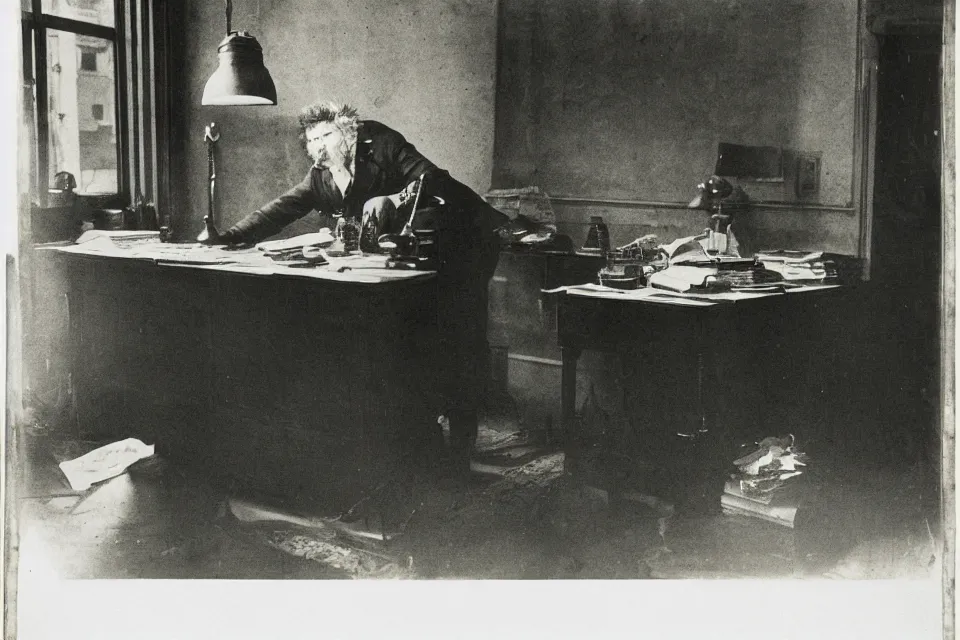 Image similar to wet plate photograph, august strindberg angry banging his fist on a secretary desk in a small messy viennese apartment, night time, alone, lamplight, victorian era, depth of field, very detailed, highly accurate, intricate