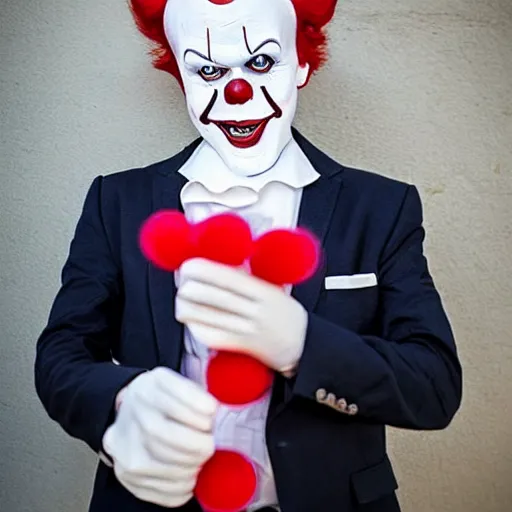 Image similar to Pennywise the clown wearing a suit and holding a banknote in his hands, full body shot, highly-detailed