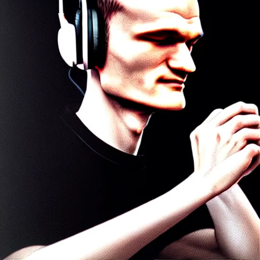 Image similar to vitalik buterin in big headphones with closed eyes listens to music with black background, wayne barlow, bao pham, donato giancola, larry elmore, masterpiece, trending on artstation, featured on pixiv, cinematic composition, beautiful lighting, sharp, details, hyper - detailed, hdr, 4 k, 8 k