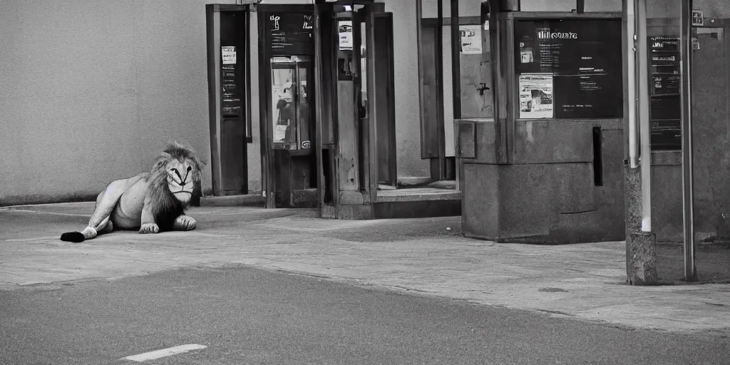 Image similar to a lion waiting at a bus stop