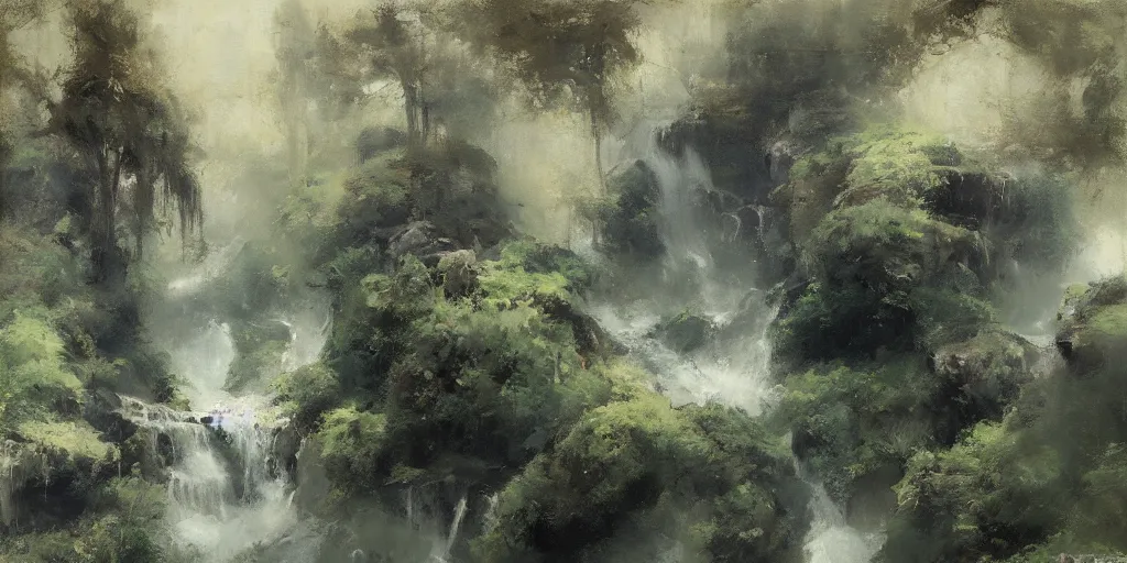 Image similar to floating islands in misty clouds, overgrown, waterfalls, by richard schmid, alla prima, loose gestural painterly, jeremy mann, greg manchess