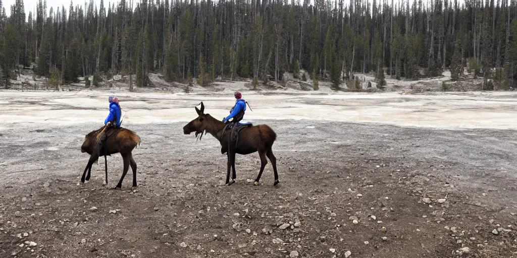 Image similar to hiker riding moose in yellowstone with prismatic spring in background