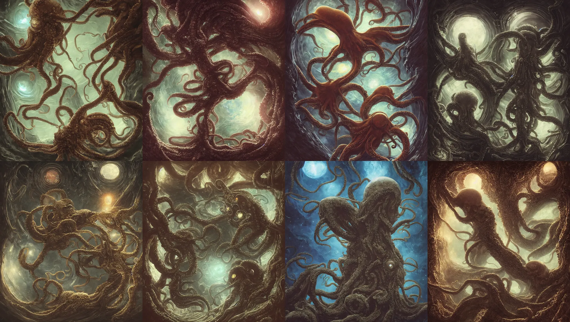 Image similar to close portrait of a creepy scary octopus alien in space ship quarters, large window showing planet earth, diffuse lighting, fantasy, intricate, elegant, highly detailed, lifelike, digital painting, cinestill 8 0 0 t 2 0 0 mm, concept art, frank frazetta, marco bucci, loish, rossdraws, artgerm