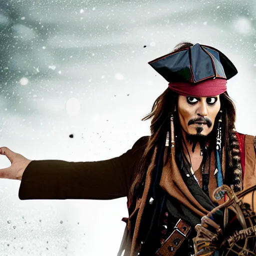 Image similar to captain jack sparrow as doctor who, bbc promotional artwork, mid range shot