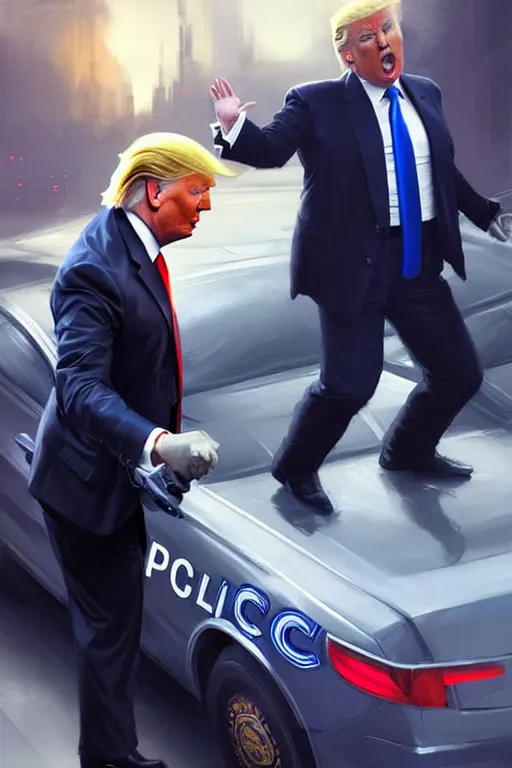 Prompt: donald trump being handcuffed by a police officer front of a police car, elegant, real life skin, intricate, high detailed, artstation, concept art, smooth, sharp focus, art by artgerm and greg rutkowski