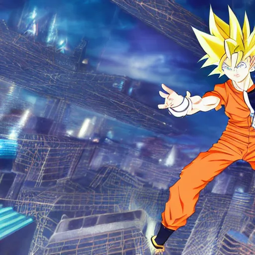 Image similar to 1 7 - year - old orange - gold haired anime boy wearing blue jacket, spiky hair, super saiyan aura, floating above roof, futuristic city in background, 2 0 0 1 anime, subsurface scattering, intricate details, art by toei, art by studio gainax, studio trigger art