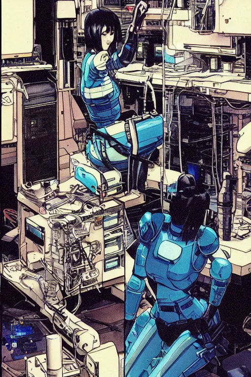 Image similar to fantastic cyberpunk illustration of motoko kusanagi in lab being repaired, by masamune shirow and katsuhiro otomo