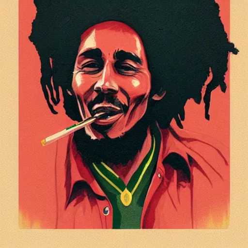 Image similar to Bob Marley smoking a spliff portrait, very detailed, large white border, hd, high resolution print :1 Green Red and Gold Tones by Sachin Teng, trending on deviant art :1