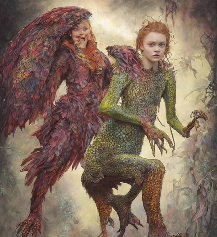 Image similar to a portrait photograph of sadie sink as a colorful harpy super hero with slimy reptile skin. she is trying on a amphibian organic catsuit and transforming into a feathered alien beast. by tom bagshaw, donato giancola, hans holbein, walton ford, gaston bussiere, peter mohrbacher and brian froud. 8 k, cgsociety