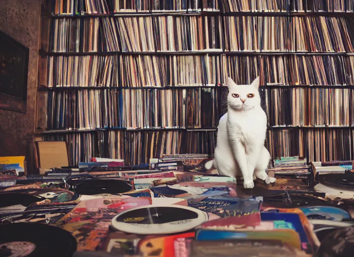 Image similar to photography of a Cat sitting on a pile of books and vinyls. a record player is in the shot. in a room full of vinyls and posters out of the 70's, photorealistic, raining award winning photo, 100mm, sharp, high res