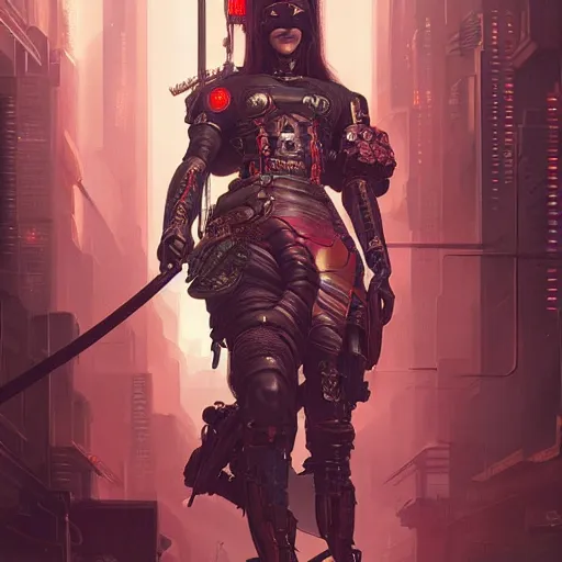 Image similar to cyberpunk samurai ,with techware , D&D, intricate, elegant, highly detailed, digital painting, japanese , altered carbon style,trending on artstation, concept art, illustration, art by Artgerm and Greg Rutkowski and Alphonse Mucha