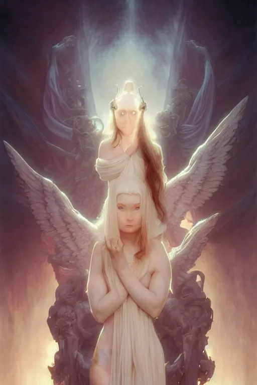 Image similar to Portrait of beautiful pale demonic angelic girl warhammer 40000, cinematic lighting, intricate, elegant, highly detailed, digital painting, artstation, smooth, sharp focus, illustration, art by artgerm and greg rutkowski and zdislav beksinski and alphonse mucha and Wayne Barlowe and william-adolphe bouguereau