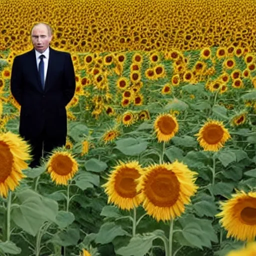 Prompt: Putin standing among a burning field of sunflowers,