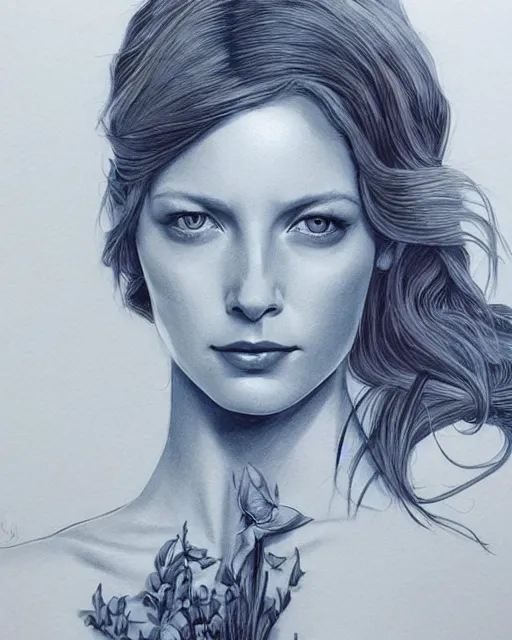 Prompt: in the style of joshua middleton, artgerm, beautiful caitriona balfe, outlander, full body, blue dress, elegant pose, middle shot, spooky, detailed realisitc eyes, detailed realistic eyes, detailed and intricate