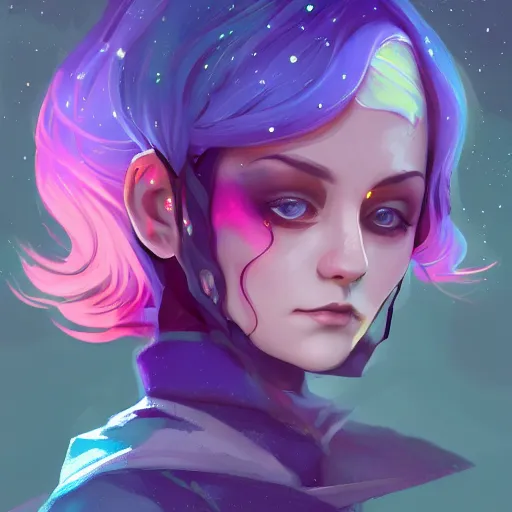 Image similar to a nonbinary changeling wearing a starry cloak, aurora colored hair, starry eyes, curious expression, character art, full body art, people watching, trending on artstation, artgerm, 4k ultra hd, sharp focus, digital art by Ilya Kuvshinov and Ross Tran,