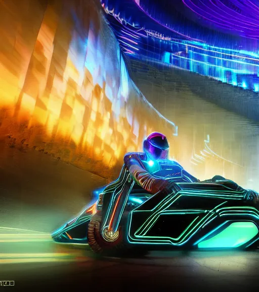 Image similar to extremely psychedelic tron legacy crowded motorcycle race to the ancient and majestic tower of babylon destroyed, hyper realistic, ambient lighting, concept art, intricate, hyper detailed, trakovsky greatest scene, smooth, dynamic volumetric lighting, octane, raytrace, cinematic, high quality, high resolution, 4 k, cgsociety, rutkowski, gurney